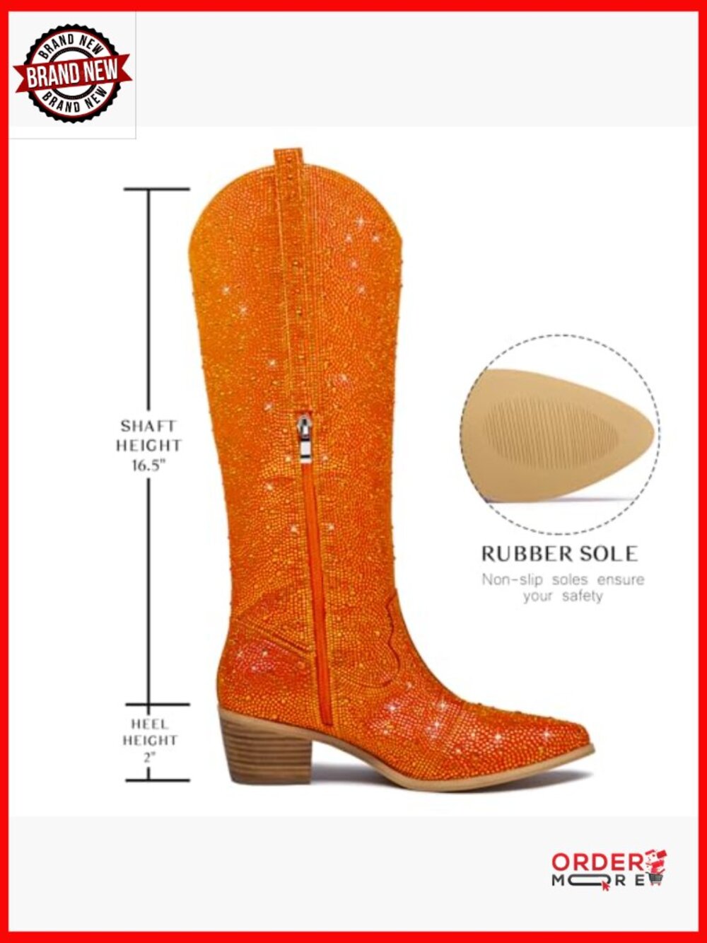 Women's Rhinestone Western Boots Pointed Toe Chunky Heel Knee High Side Zipper - Picture 4 of 6
